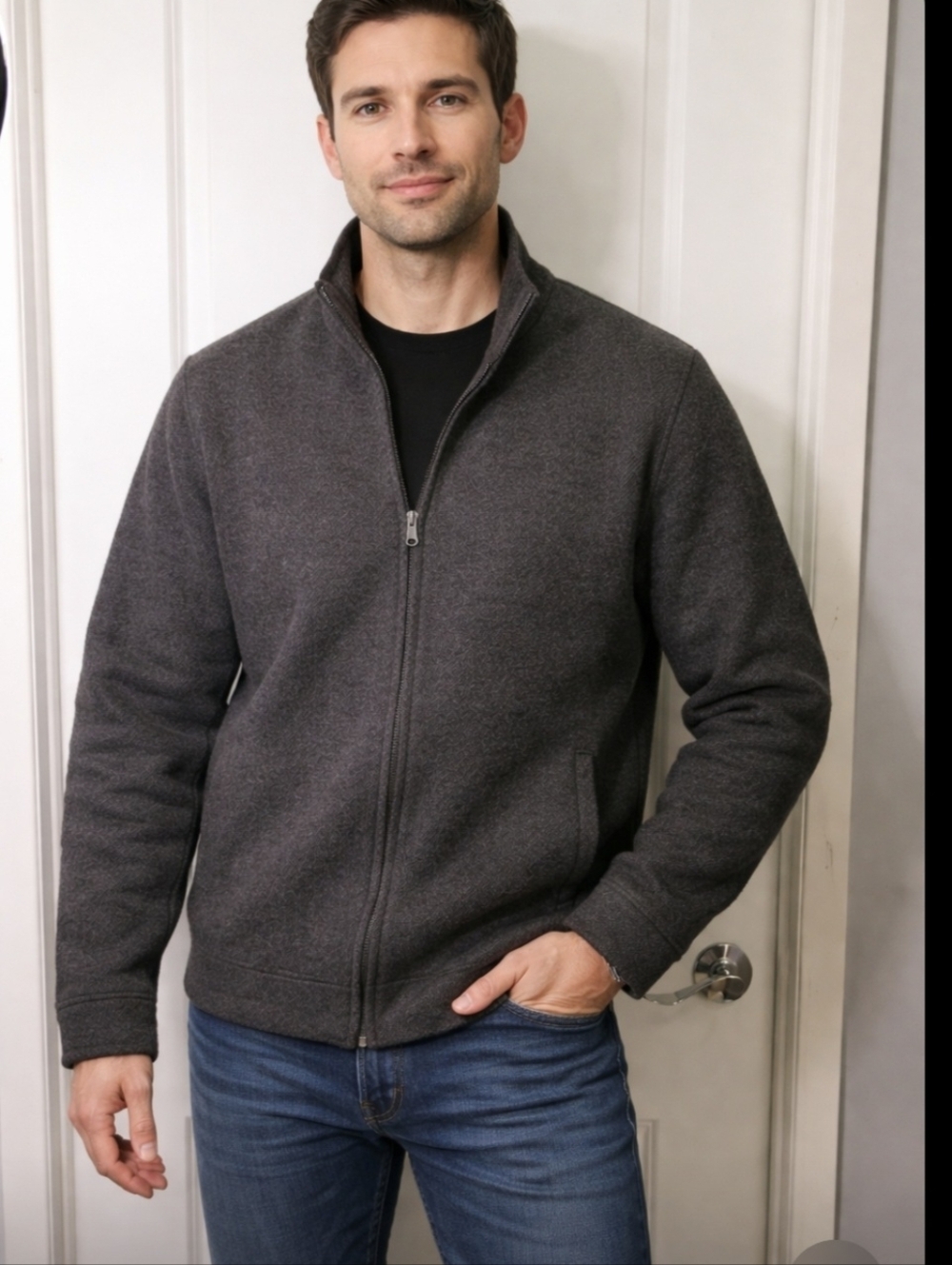 J. Crew Men's Charcoal Full-Zip Sweater Jacket 100% lambs wool